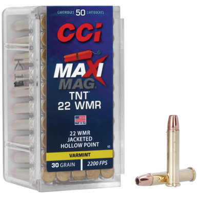 CCI TNT Maxi-Mag 22 WMR 30 Grain JHP 50-Round Box front view