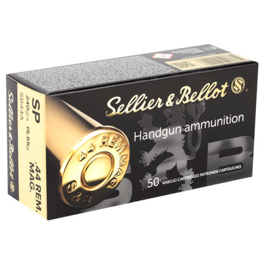 Sellier and Bellot 44 Magnum JSP cartridges and box detail view