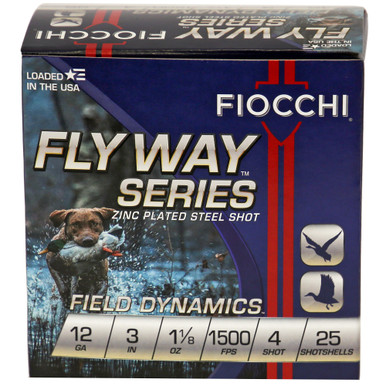 Fiocchi Flyway Steel 12 GA 3-inch #4 shotshells box front view