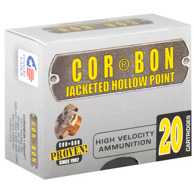 CorBon 9mm +P JHP hollow point bullet close-up showing cavity and serrations