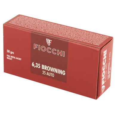 Fiocchi 25 ACP FMJ cartridges and ammunition box detail