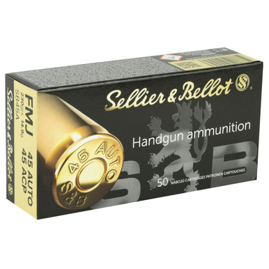 Sellier and Bellot 45 ACP FMJ cartridge close-up showing brass case and full metal jacket bullet