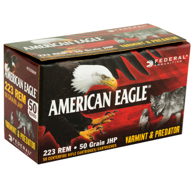 Federal American Eagle 223 Remington JHP cartridges closeup showing hollow point tip
