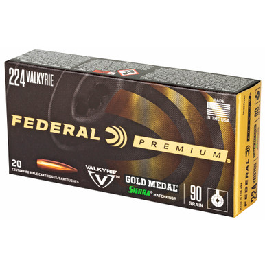 Federal Gold Medal 224 Valkyrie ammunition cartridge close-up showing BTHP projectile