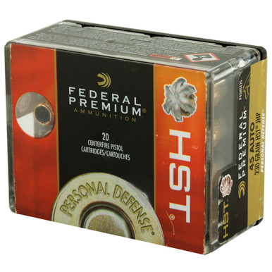 Federal HST 45 ACP hollow point bullet close-up showing expansion cavity