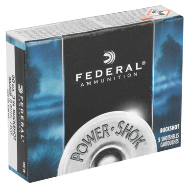 Federal PowerShok 20 Gauge buckshot shells and box detail view