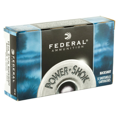 Federal PowerShok 12 Gauge #4 Buckshot shell and box detail view
