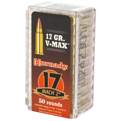 Hornady 17 HM2 V-MAX cartridges detail view showing polymer tip bullet