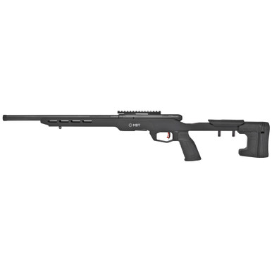 Savage B22 Precision 22LR bolt action rifle with MDT chassis and heavy threaded barrel in matte black