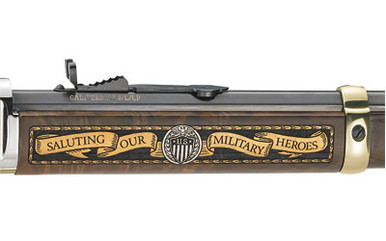 Henry Golden Boy Military Edition brass receiver with engraving detail