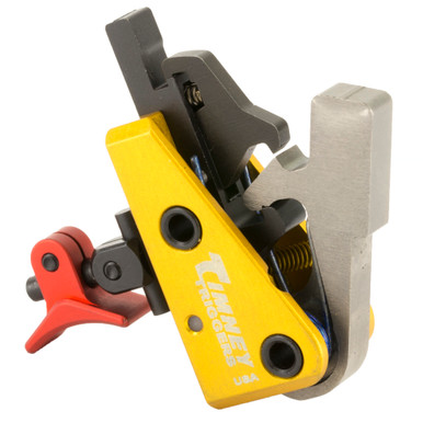 Timney AR Calvin Elite 1.5lb Red trigger – front view showing red anodized shoe and housing