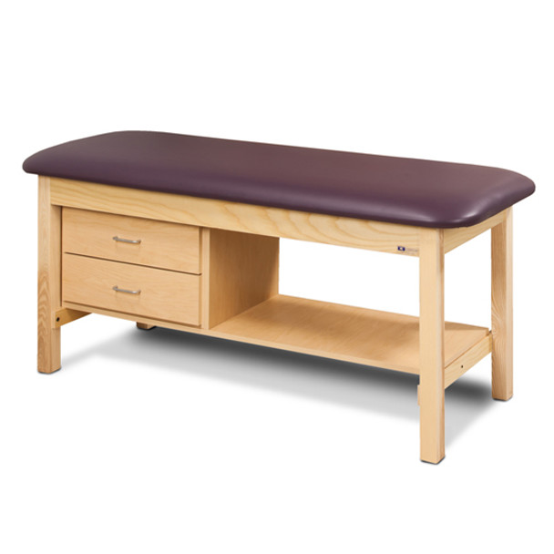Clinton 1300 Flat Top Classic Series Treatment Table w/Shelf & Two Drawers. Natural Wood Finish | Exam Tables Direct