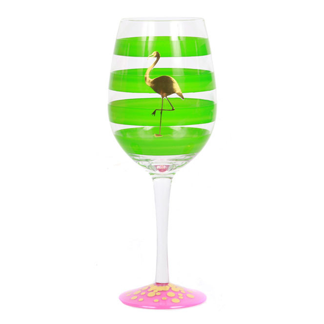 Gold Flamingo Stripe Glass Wine Glass Green 18oz - 60464G - ColorfulCritters