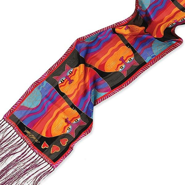 Laurel Burch Silk Scarf "Rainbow Cats" with Fringe - LBS167