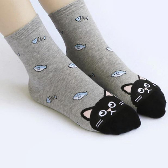 Gray Socks with Black Cat Face on Toes - with Fish -  CC128