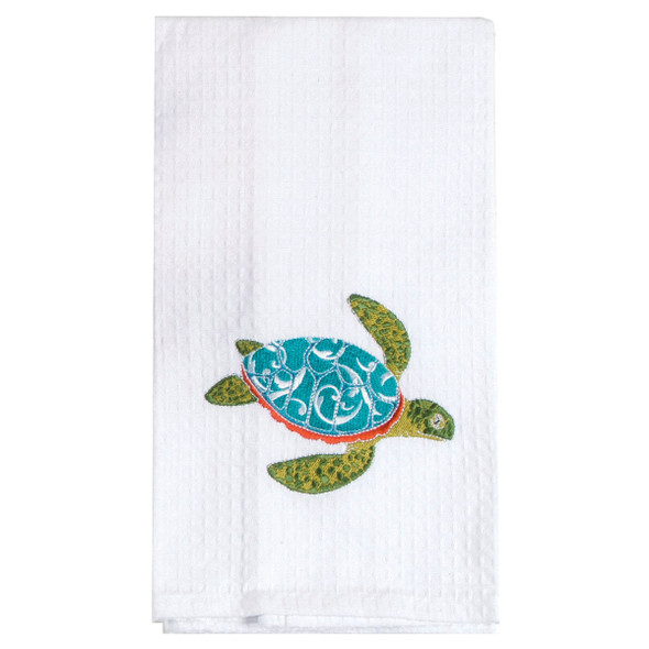 Sea Turtle Embroidered Cotton Waffle Towel - F0774