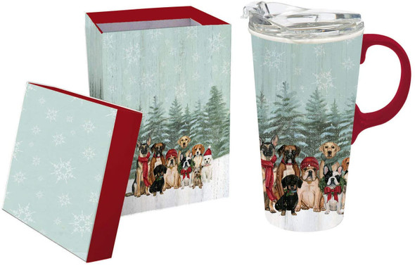 Ceramic Travel Cup, 17 OZ. ,w/box, Royal Pups Holiday