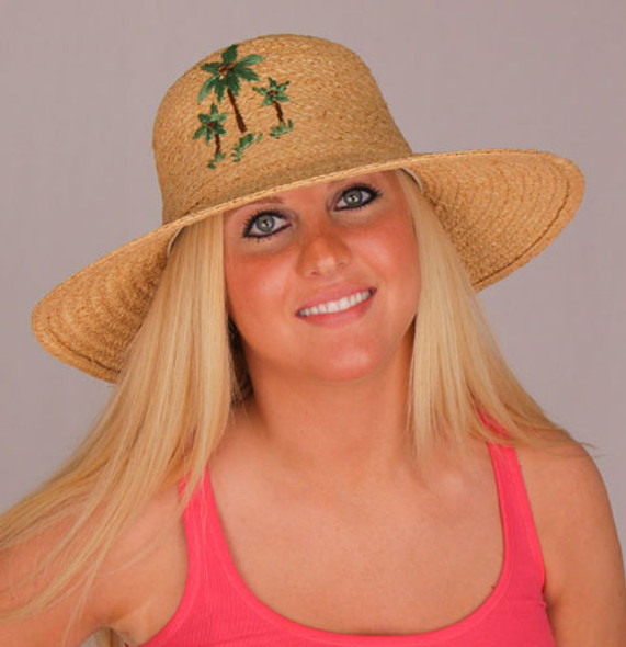 Raffia Hat Wide Brim Palm Tree Embroidered Design - LR427OS