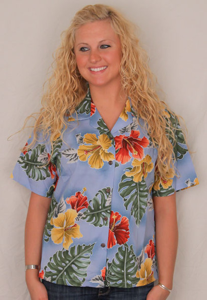 Aloha Blouse - Hibiscus Flowers on Light Blue - 346-3523