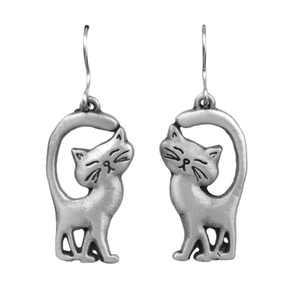 Cat with Tails Up Pewter Drop Earrings 3549EFP