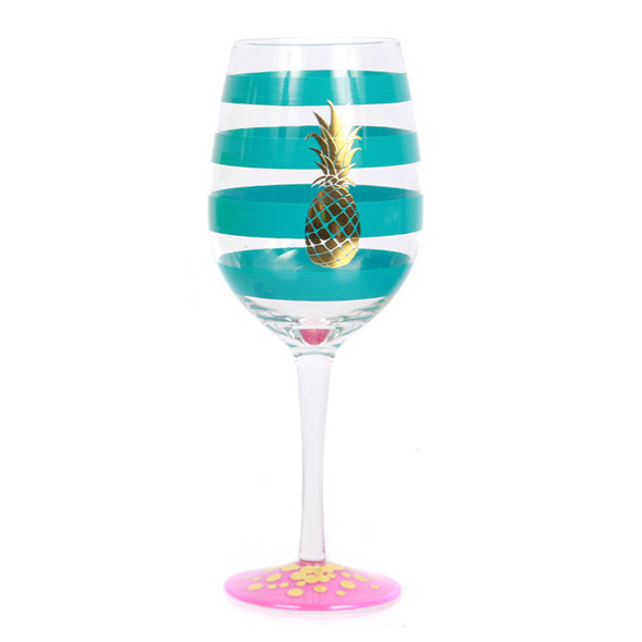 Gold Pineapple Stripe Glass Wine Glass Blue 18oz - 60464B