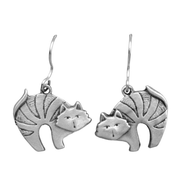 Cat with Arched Back Pewter Drop Earrings - 3779EFP