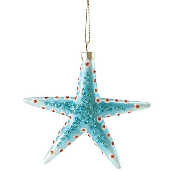 Sparkles Spotted Starfish Glass Ornament Blue