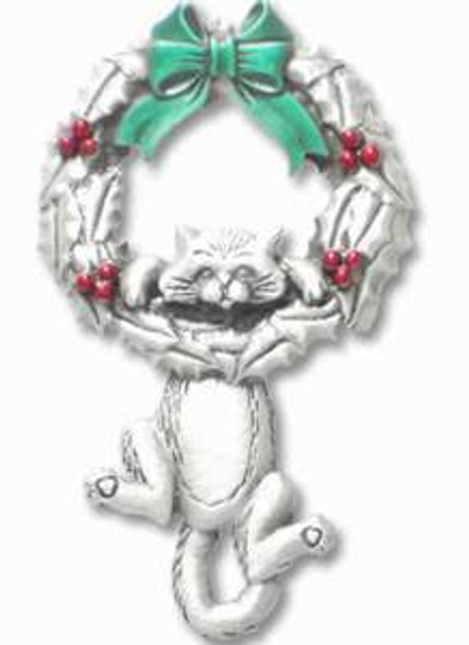 Cat Hanging from Christmas Wreath Pin - 6624CP