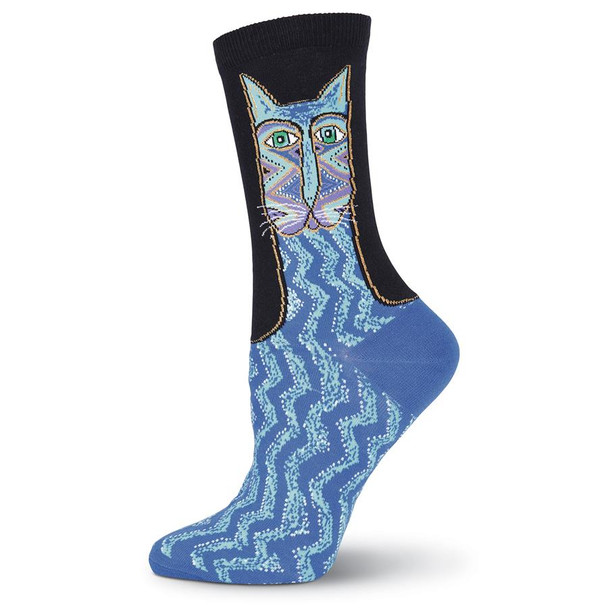 Laurel Burch Tribal Zig Zag Cat Crew Socks Blue