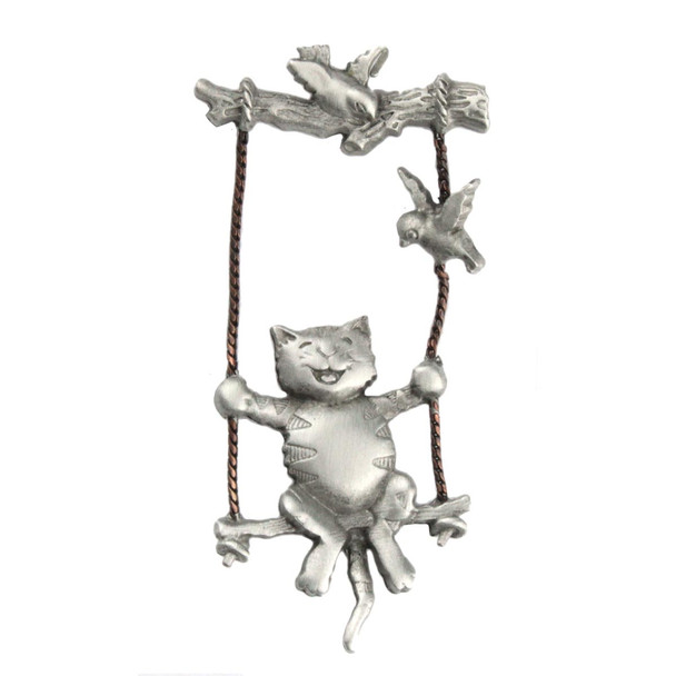 Cat on Tree Swing Lapel Clutch Pin Pewter - 1086CP