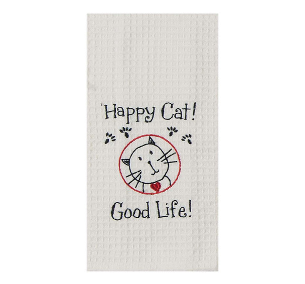 Happy Cat Embroidered Waffle Cotton Towel - F0784