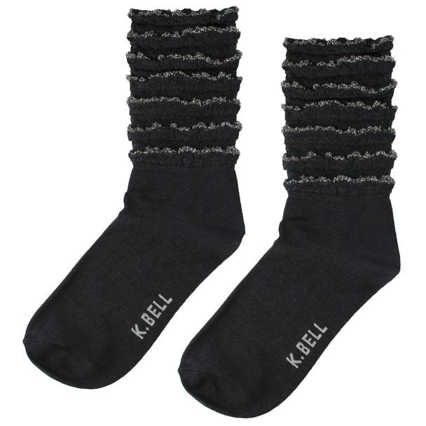 Shimmery Silver Stripe Ruffle Black Socks - 14H008-01
