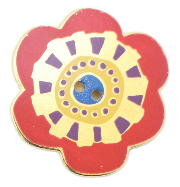 Laurel Burch Button - Red Flower with Metallic Gold and Purple Accents and Blue Center Button - Dill Button