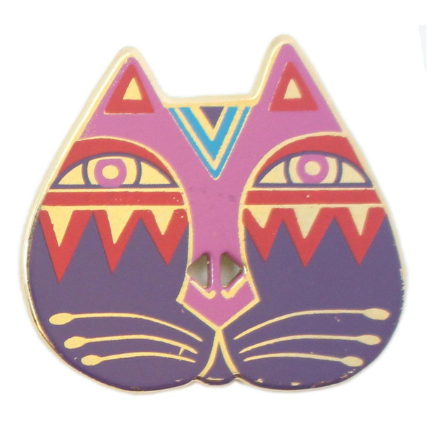 Laurel Burch Button - Cat Face with Pink Red and Purple - Dill Goldtone Metal Button