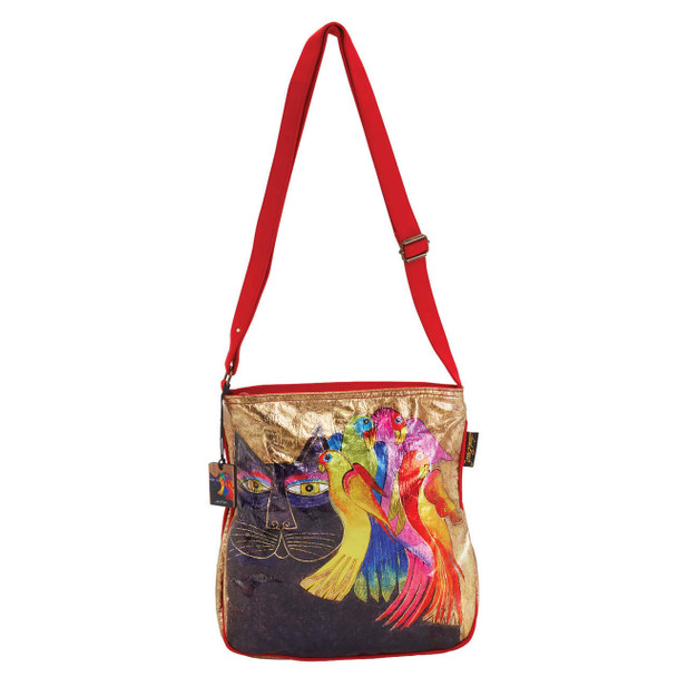 Laurel Burch Ebony Cats and Birds Foil Cotton Cross Body Tote