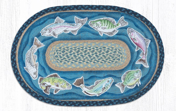 Fish Swimming Oval Hand Printed Braided Patch Floor Earth Rug 20"x30" - OP-362-FISH