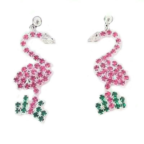 Pink Flamingo Post Dangle Earrings with Rhinestones Silvertone - RSPE2586-B