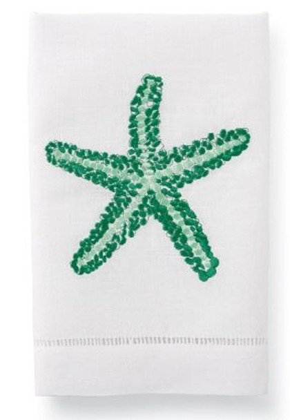 Starfish Embroidered Linen Guest Towel - Green - 105039