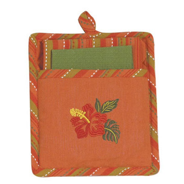 Tropical Hibiscus Flower Three Piece Embroidered Kitchen Linen Set - R2517