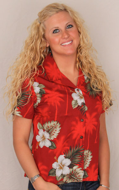 Aloha Blouse Fitted - Red w White Flowers - 348-2798