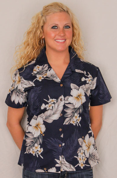 Aloha Fitted Blouse - Navy w White Flowers - 348-3162
