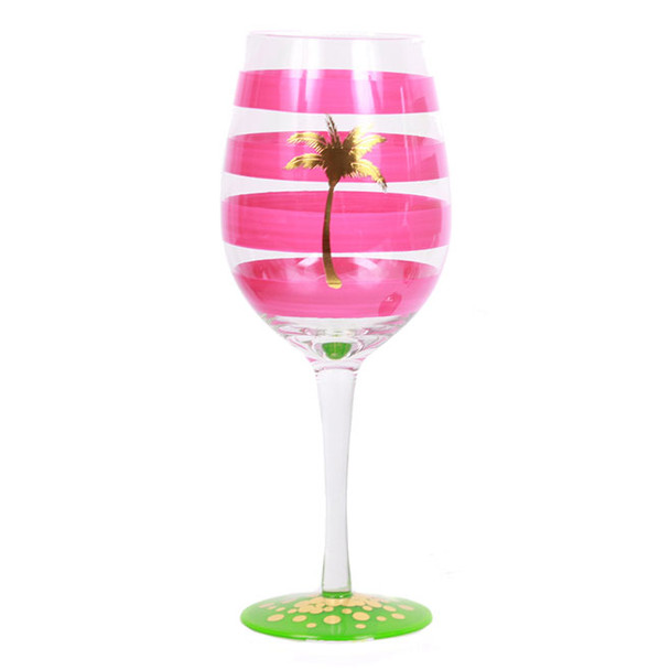Gold Palm Tree Stripe Glass Wine Glass Pink 18oz - 60464P