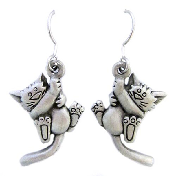 Cat Fishhook Hangin Pewter Earrings 3694EFP