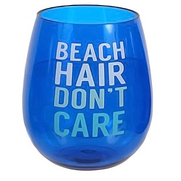Beach Saying Blue Shatterproof Beach Hair Stemless Wine Glass - 20103B