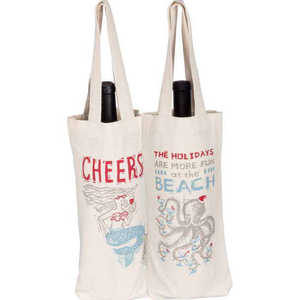 Two Sided - Octopus Holiday and Mermaid Cheers Cotton Wine Tote Bag 36735