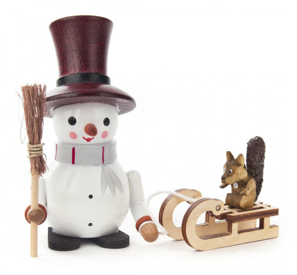 Snowman Figurine with Sled and Squirrel
