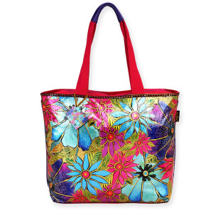 Laurel Burch Foiled Teal Purple Florals Shoulder Tote - LB5910C