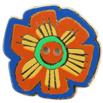 Orange Flower with Yellow and Green on Blue Background Button - Laurel Burch - Dill Button