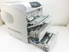 HP LaserJet 4200dtn Q2428A – right side view with front cover and both paper tray drawers open showing paper path and feed rollers