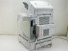 HP LaserJet 4200dtn Q2428A – rear left view showing rear output door open, stacker Q2442A attached at left, and power cable